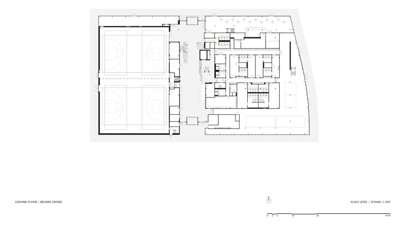 Ground floor plan drawing showing two sports courts and adjacent support spaces