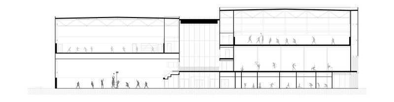 Section drawing showing split-level interior spaces with figures populating galleries and circulation areas