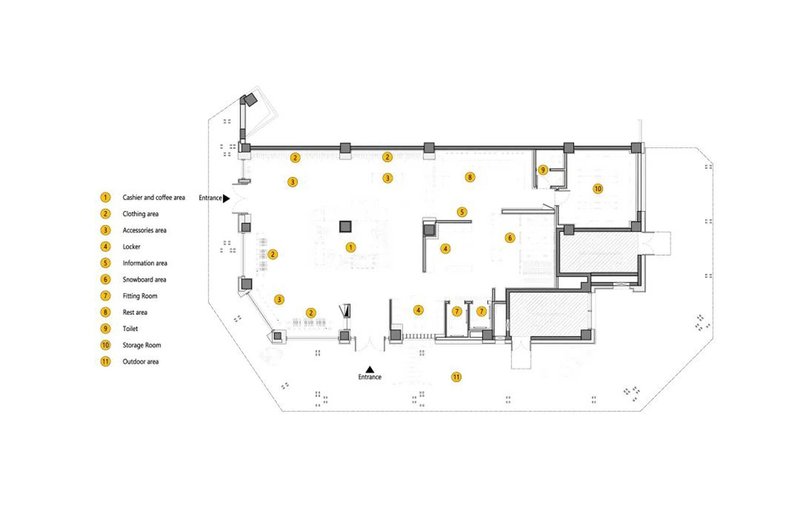 Floor plan drawing with numbered program zones including cashier, locker, fitting room, and outdoor area