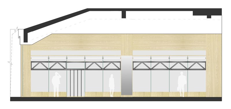 Section drawing showing timber-lined interior with clerestory windows and triangular steel trusses above