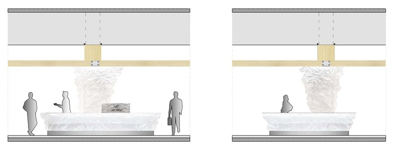 Section drawings showing interior spaces with human figures beneath layered ceiling assemblies and timber beams