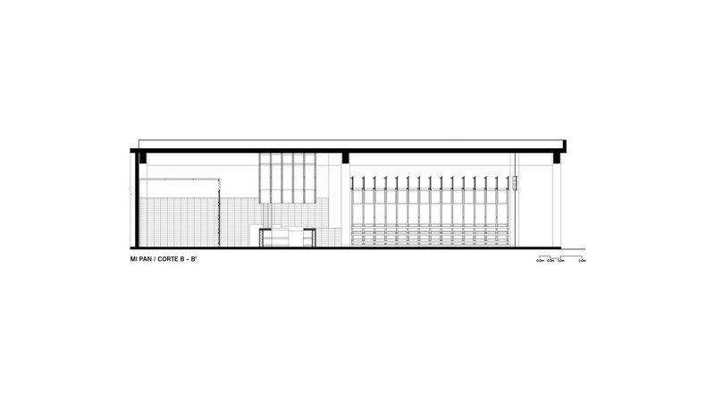 Section drawing displaying interior volumes with vertical slat partition and clerestory opening above