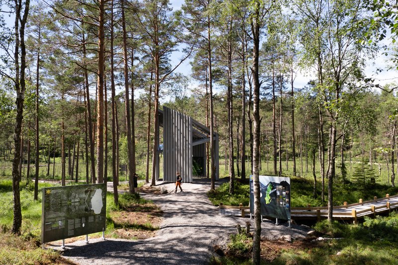 Gravel path leading to a vertical timber slatted chapel set among tall pine trees