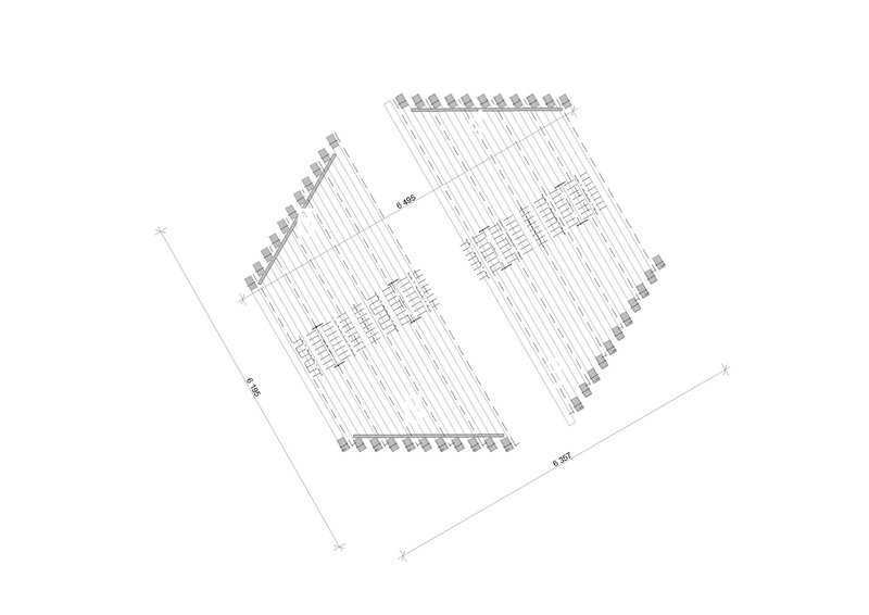 Axonometric drawing showing two gabled volumes with parallel slatted roof structures and interior cores
