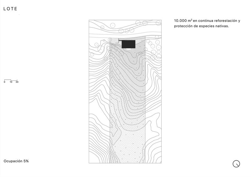 Site plan drawing showing building footprint on sloped terrain with topographic contour lines