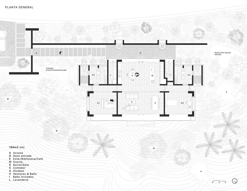 Floor plan drawing showing residential layout with deck, living spaces, and surrounding vegetation patterns