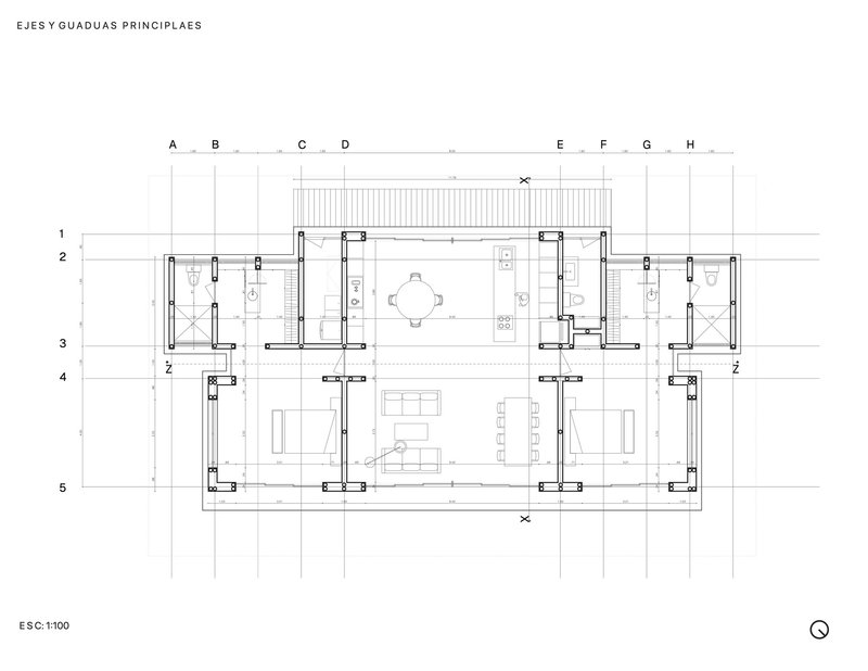 Structural plan drawing with grid axes showing column locations and central living area arrangement