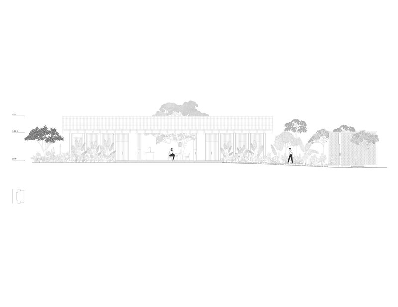 Elevation drawing of low-slung pavilion with screened walls and figures among surrounding trees