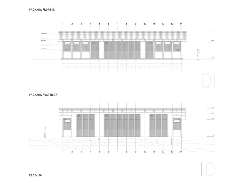 Front and rear elevation drawings showing modular facade with vertical screening and figure for scale