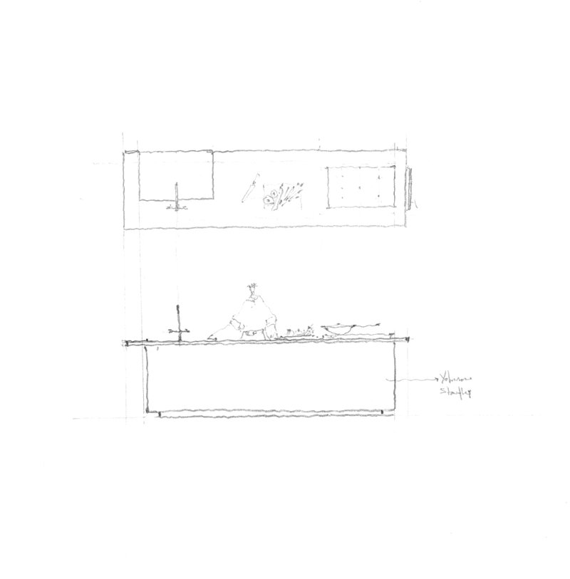 Sketch of section showing two rectangular volumes with courtyard containing seated figure and plantings