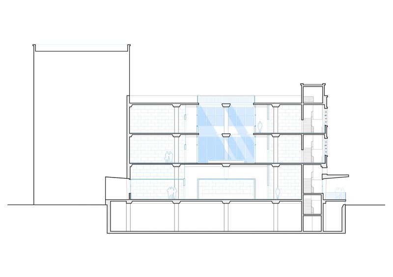 Section drawing showing interior spaces with a double-height blue glazed volume at center