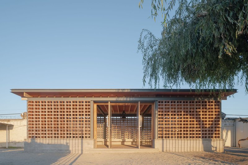 Front facade with terracotta grid screen and glazed central opening beneath a willow tree