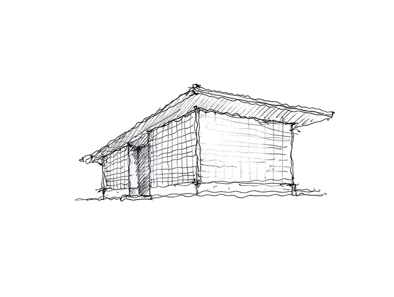 Perspective sketch showing low-pitched roof structure with grid-patterned facade screen