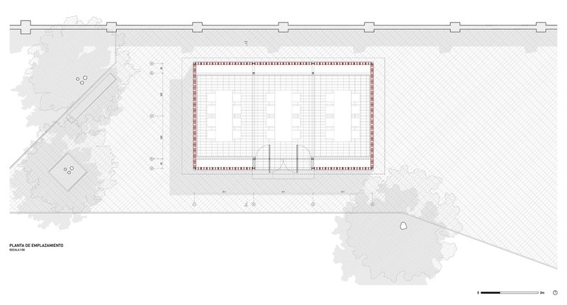 Site plan drawing showing a rectangular pavilion with gridded brick screen walls surrounded by landscaping