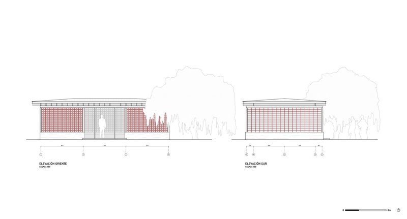 Elevation drawings of east and south facades with perforated brick screens and recessed glazed openings