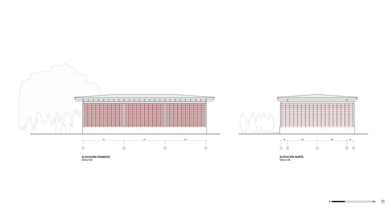 Elevation drawings of west and north facades showing horizontal brick screen panels and outlined trees