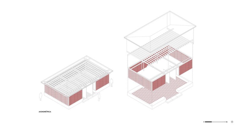 Axonometric drawing illustrating the layered construction with brick screen walls and exposed roof structure