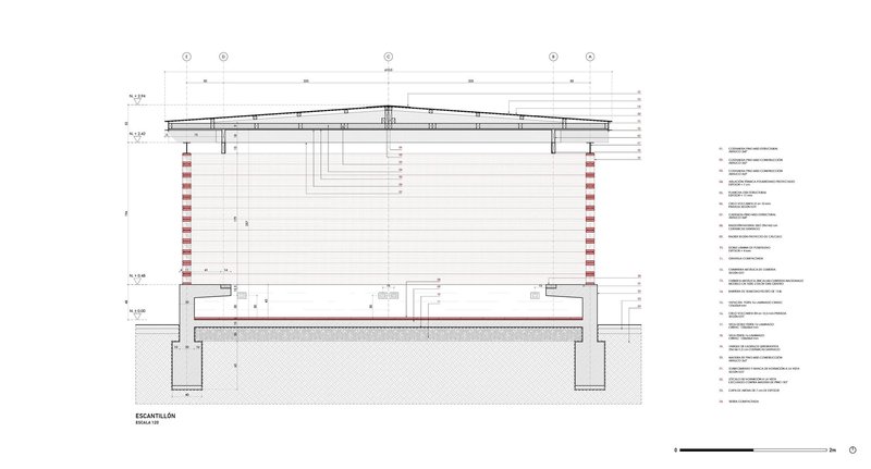 Section drawing through the pavilion revealing the pitched roof structure and perforated brick wall assembly