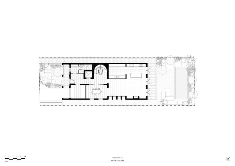 Ground floor plan showing elongated layout with oval stairwell, dining area, and planted courtyards at both ends