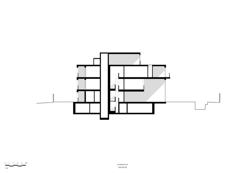 Section drawing showing staggered interior volumes at multiple levels with cantilevered spaces