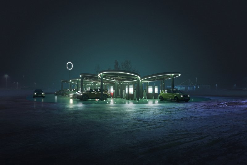 Charging station with overlapping circular canopies glowing in fog at dusk