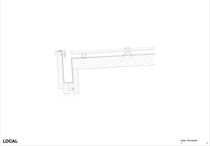 Detail section drawing showing a masonry column supporting timber roof decking and edge flashing