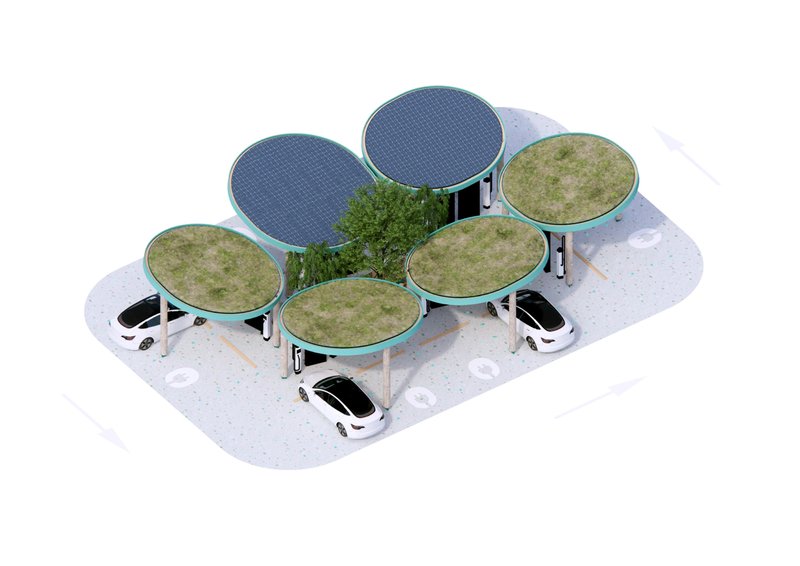 Axonometric rendering of six circular canopies with solar panels and green roofs sheltering parked cars