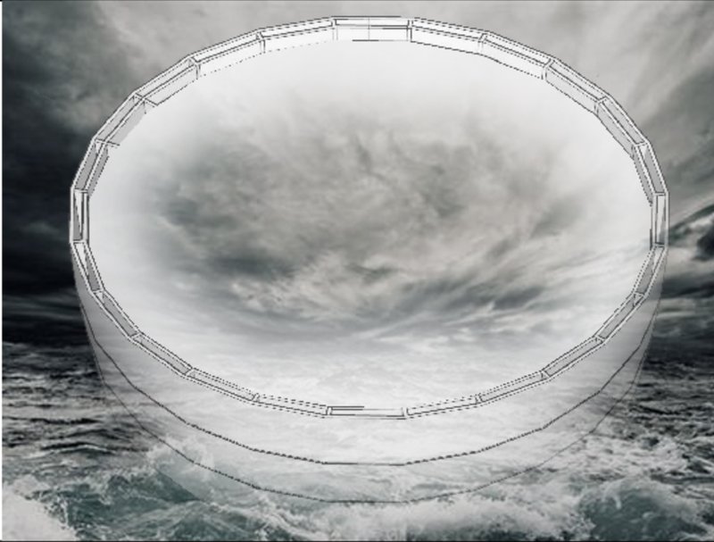 The circular outer frame forms a watertight membrane around the ocean survival unit.