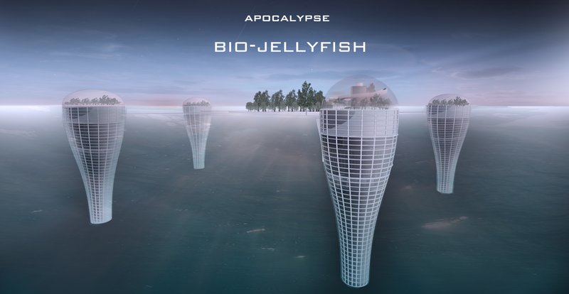 Floating Bio-Jellyfish survival units emerge across a flooded post-apocalyptic earth.