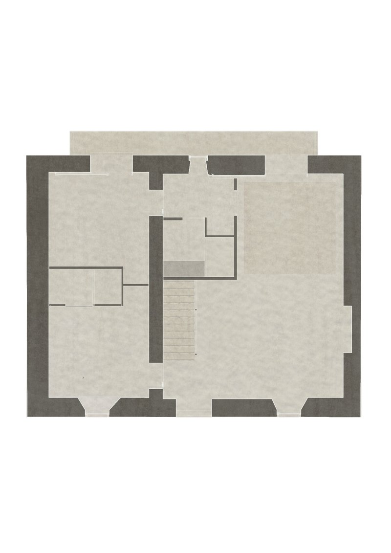 Floor plan drawing showing a rectangular layout with central staircase and bathroom core