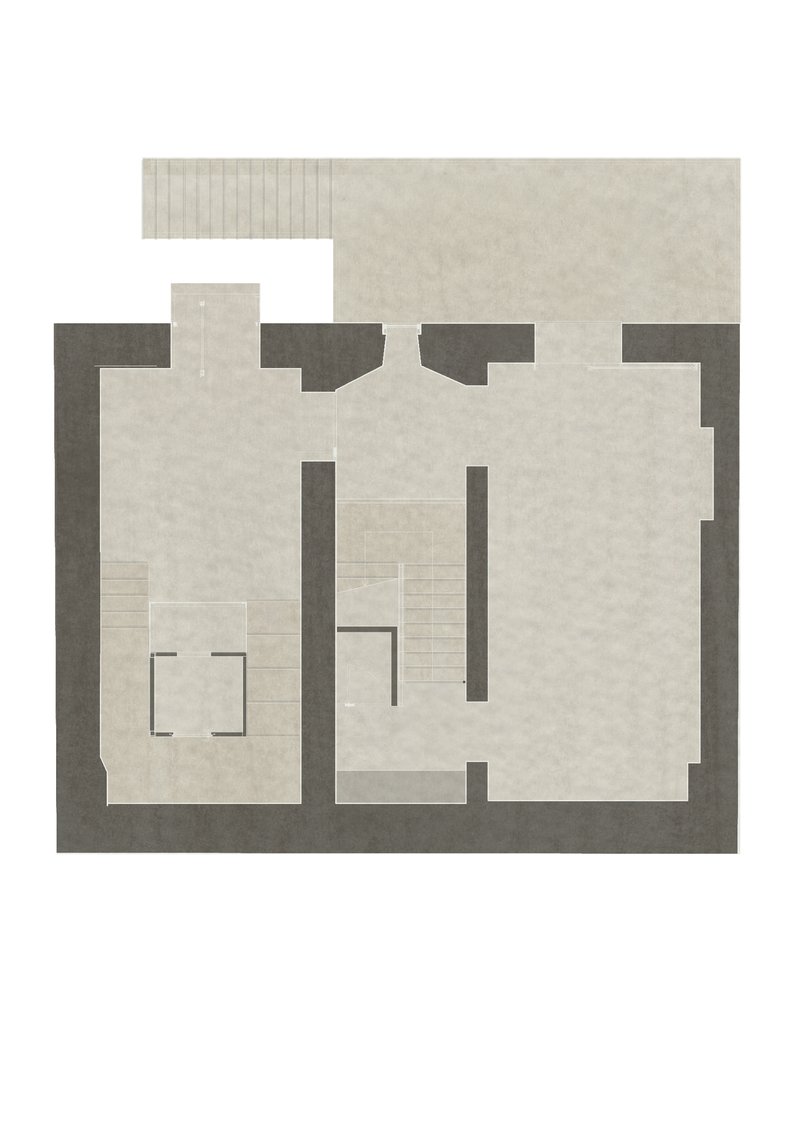 Floor plan drawing showing open living spaces with staircase and exterior terrace area