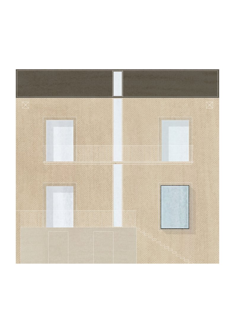 Elevation drawing showing a beige brick facade with four rectangular windows and a central vertical slot