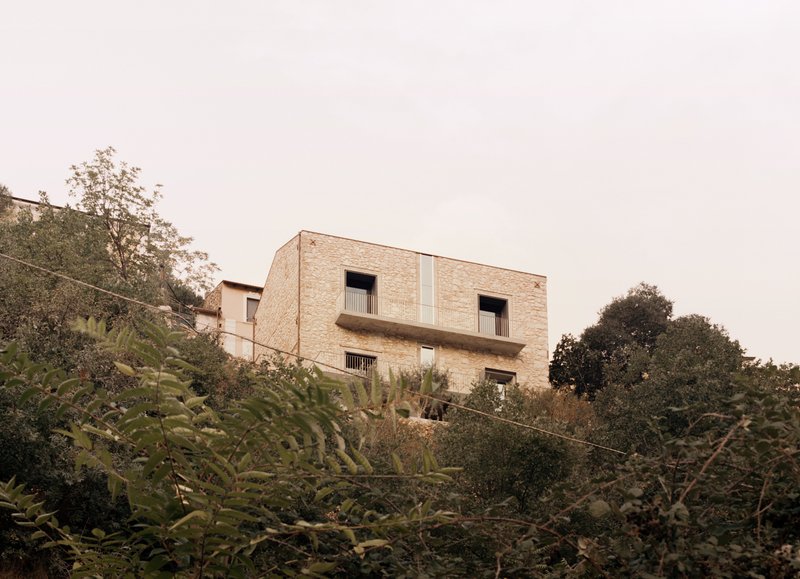 Stacked brick volume rising from a hillside with dense vegetation and overcast sky