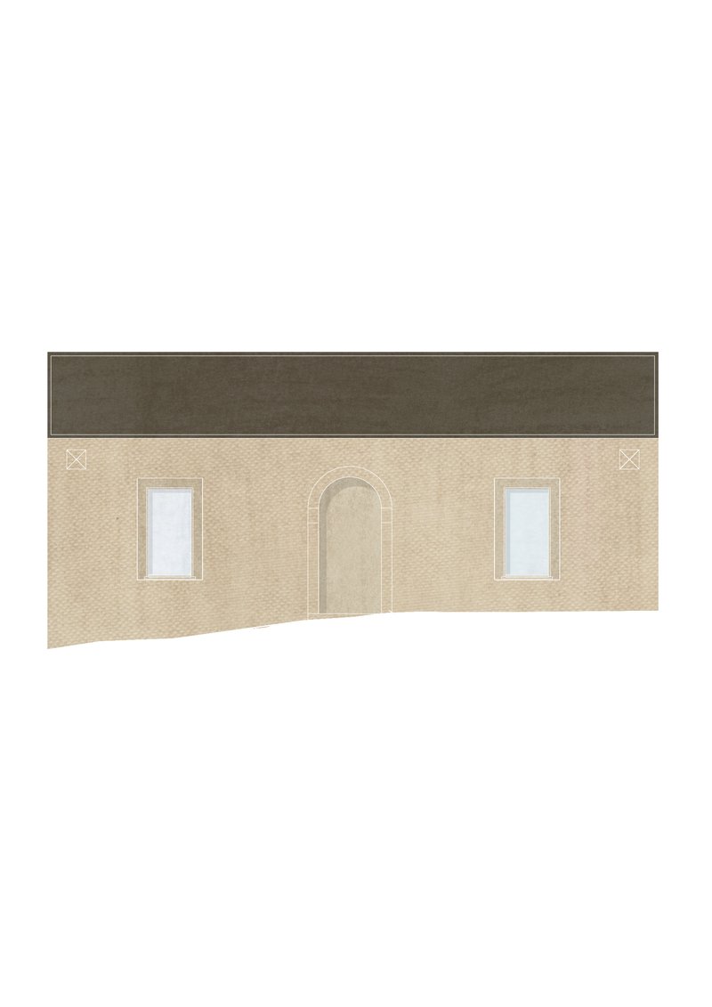 Elevation drawing showing a beige brick wall with two windows flanking an arched doorway