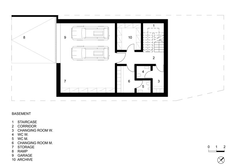 Basement floor plan drawing showing garage with two parking spaces and service rooms with numbered key