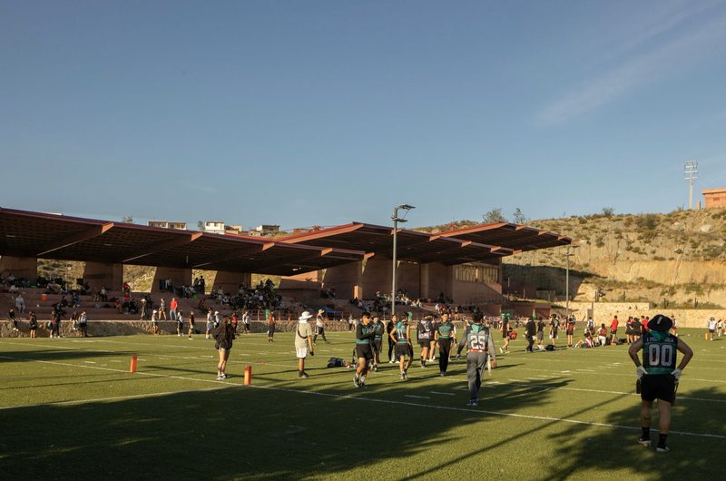 View from the field showing the exposed timber beams and columns of the overhead structure