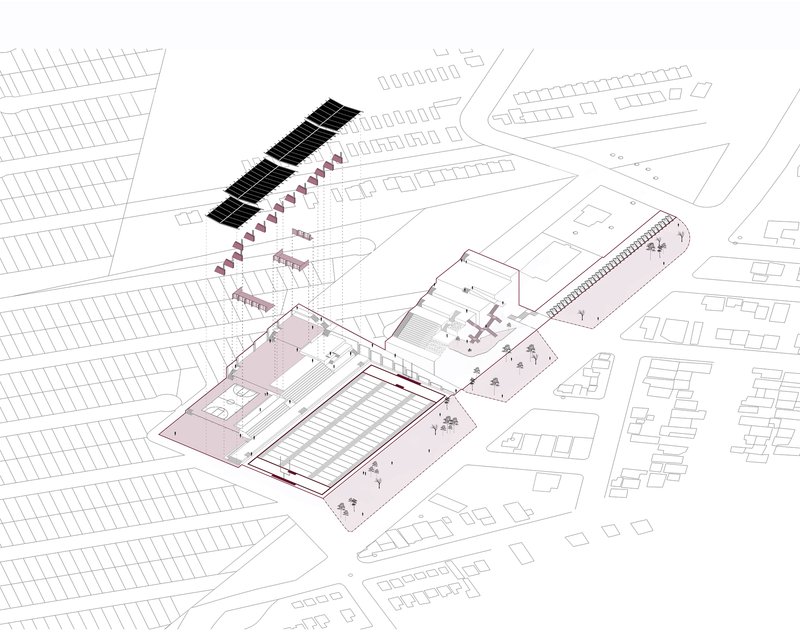 Axonometric drawing showing the sports complex layout with field, parking, and surrounding neighborhood context
