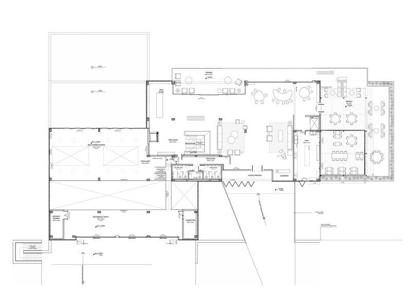 Upper level floor plan drawing showing dining and lounge areas with zigzag circulation spine