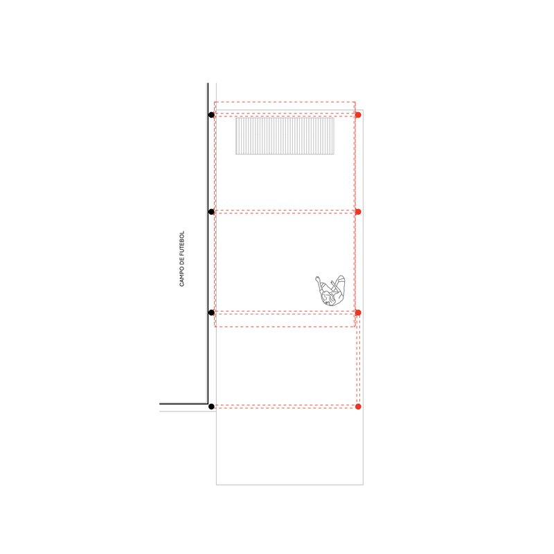 Section drawing showing a three-level vertical structure with a courtyard and a person figure at middle level