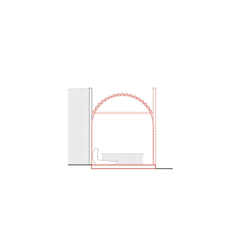 Section drawing showing an arched vault interior with a seated figure and adjacent wall