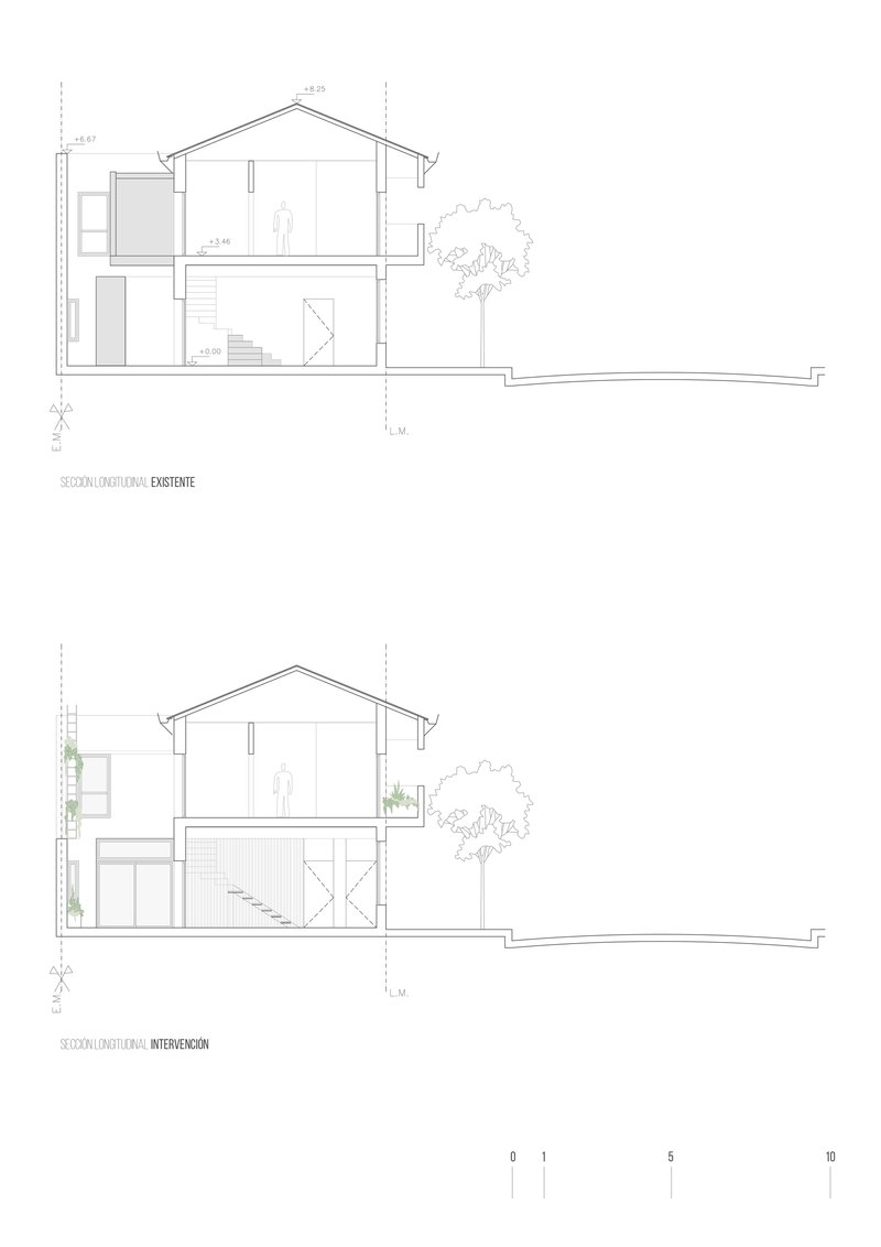 Section drawings comparing existing and proposed two-story structures with gabled roof and adjacent tree