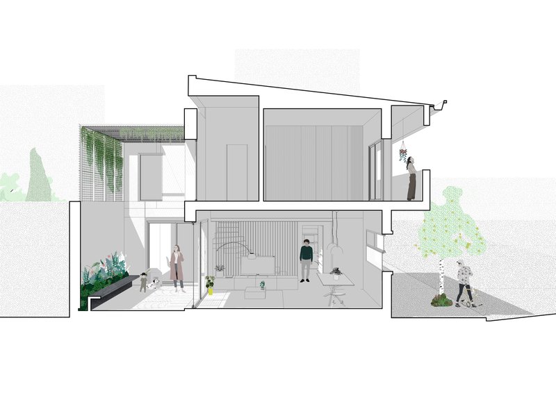 Section drawing showing a two-level residence with planted terrace and figures in interior spaces