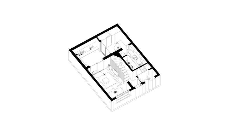 Axonometric drawing of lower level showing living spaces and staircase with furniture layout