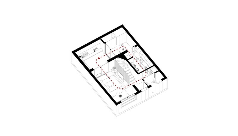 Axonometric drawing of lower level with dashed circulation path connecting spaces around central stair