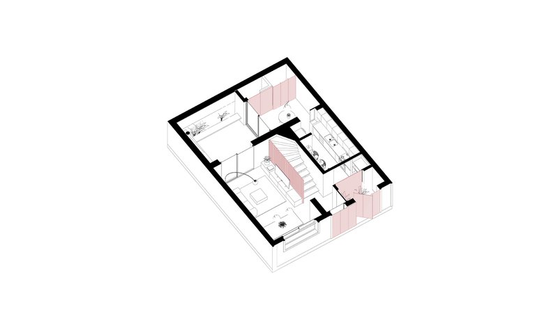 Axonometric drawing of lower level with pink-shaded volumes highlighting spatial zones and vertical circulation