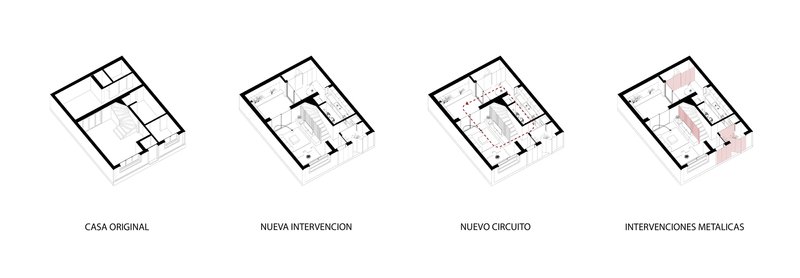 Axonometric diagram sequence showing four stages of spatial intervention with new circulation and metallic elements highlighted in pink