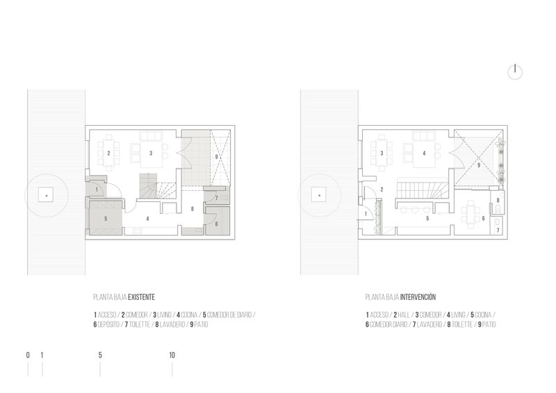 Lower level floor plans comparing existing layout with proposed intervention including new staircase placement