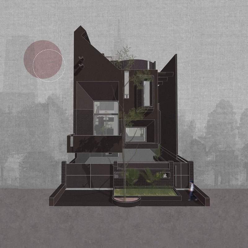 Axonometric drawing showing layered volumes, courtyards, and planted areas with tonal rendering