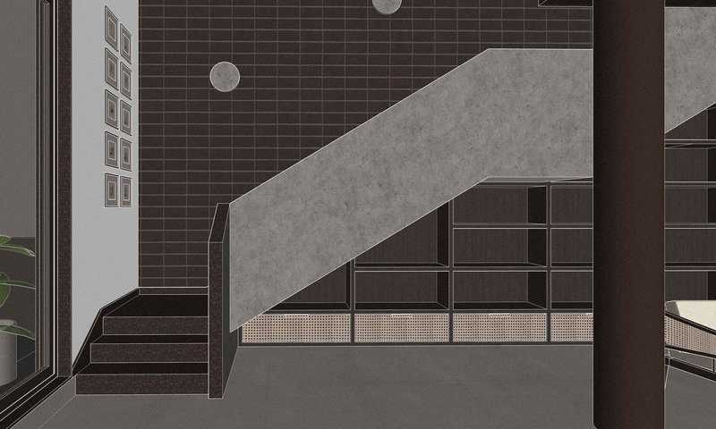 Perspective section drawing showing a concrete staircase ascending past dark tiled walls and metal railings