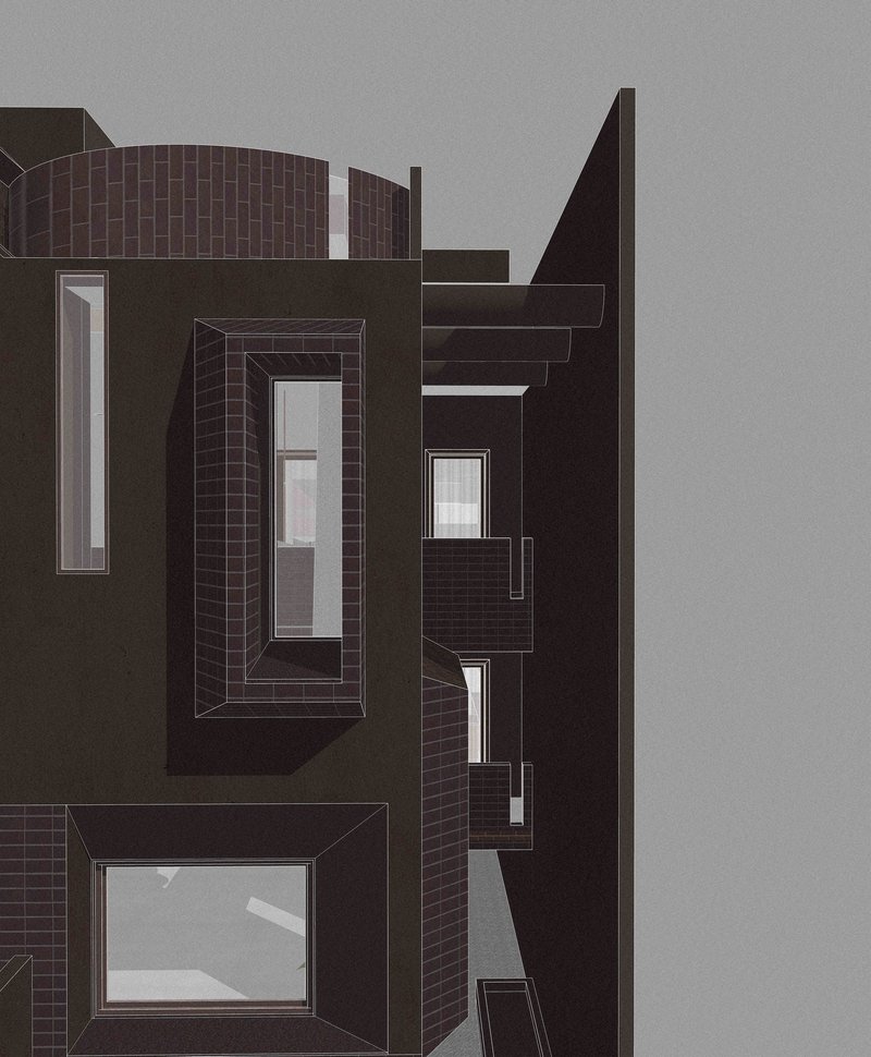 Axonometric section drawing revealing stacked rooms with dark brick walls and vertical windows